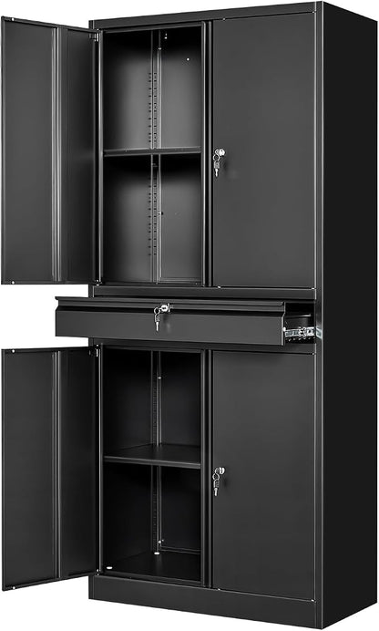 Black Metal Storage Cabinet with Lock, 71" Tall Garage Storage Cabinets with Doors and Shelves, Lockable Tool Caninet Steel Locking Cabnets File Cabinet for Home Office, Garage, Pantry