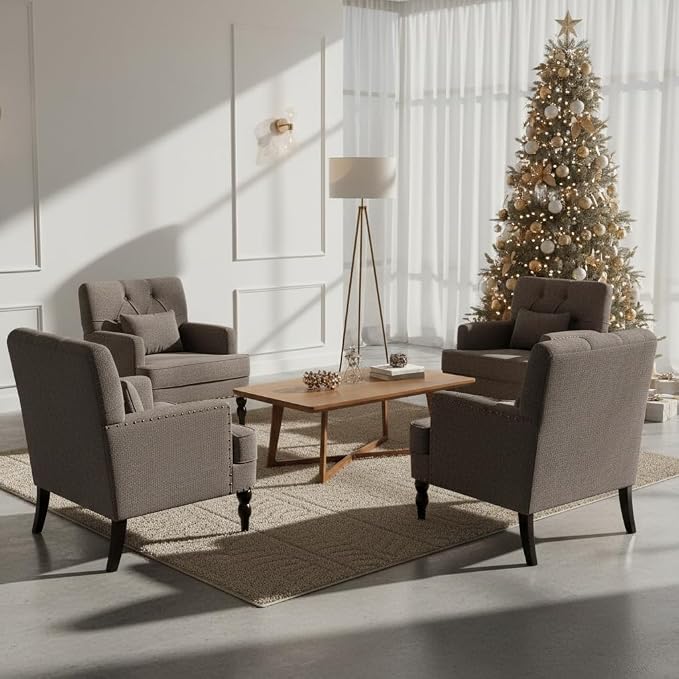 HUIMO Tufted Club Chair Set of 2 with Lumbar Pillow,Accent Chair Upholstered Button Armchair, Linen Fabric Sofa Chairs for Bedroom, Living Room, Mid Century Modern with Reading Chair (2, Gray)