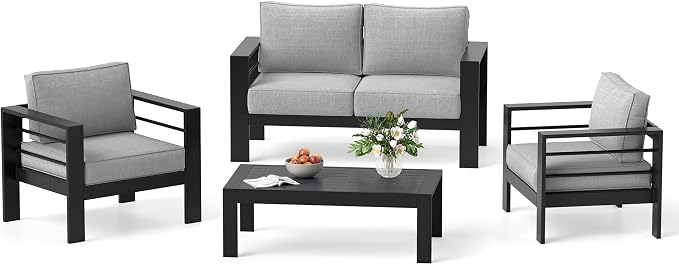 Solaste Aluminum Patio Furniture Set for All Weather, Oversized Metal Outdoor Furniture Set with 27.5" Deep Seating and 3.2" Wide Armrest, Outdoor Patio Conversation Sets with 10" Back Suport Cushion