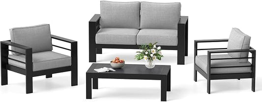Solaste Aluminum Patio Furniture Set for All Weather, Oversized Metal Outdoor Furniture Set with 27.5" Deep Seating and 3.2" Wide Armrest, Outdoor Patio Conversation Sets with 10" Back Suport Cushion