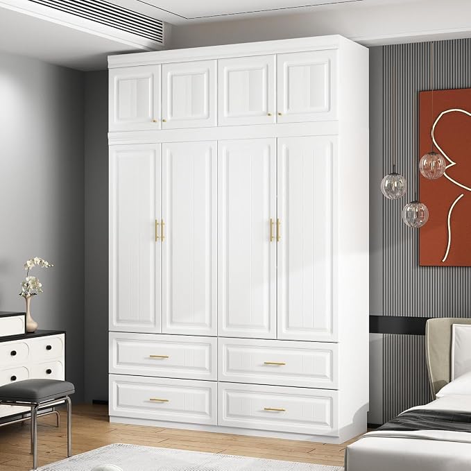 MOUMON 4 Door Wardrobe Closet with Drawers & Shelves, Armoire Closet with Hanging Rod, Wardrobe Cabinet with Gold Metal Handles, Top Cube Storage, White (63”W x 20.6”D x 94.7”H)