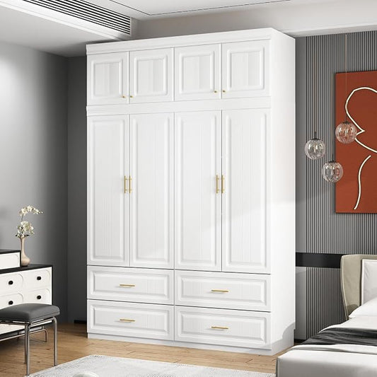 MOUMON 4 Door Wardrobe Closet with Drawers & Shelves, Armoire Closet with Hanging Rod, Wardrobe Cabinet with Gold Metal Handles, Top Cube Storage, White (63”W x 20.6”D x 94.7”H)