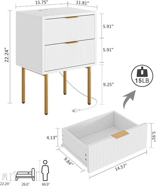 Masupu Nightstand with Charging Station,Mid-Century Modern Bedside Table with 2 Storage Drawer,Small Gold Frame Side End Table for Bedroom,Living Room (White)