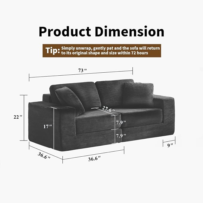 FILUXE Modular Sectional Sofa, Modern Modular Sofa Couch with Deep Seat，Comfy Cloud Couch, Sectional Couches for Living Room, Bedroom and Apartment，2-Seater，Dark Grey