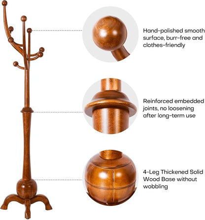 Coat Rack Freestanding Wood Coat Tree with Stable Sphere Base, Light Brown | 8 Hooks Tree Branch Design, Heavy Duty Standing Coat Hanger for Entryway, Hallway, Bedroom, Foyer; Hangs Coats, Hats, Bags