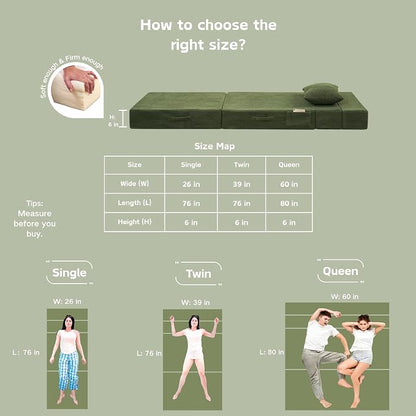 Folding Sofa Bed, 4 in 1 Convertible Sleeper Chair with Pillow, Single Memory Foam Fold Out Chair Bed, Modern Floor Futon Sofa Couch Mattress for Living Room/Guest/Apartment, Green | Convertible