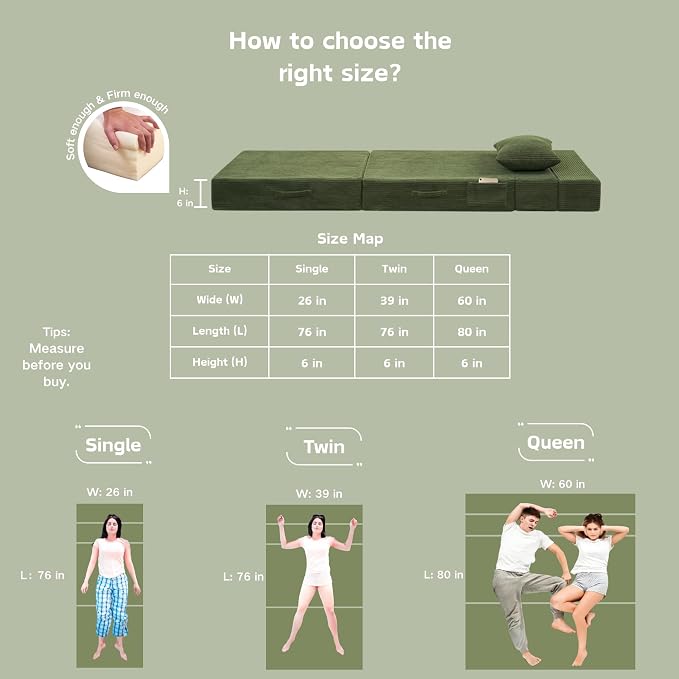 Folding Sofa Bed, 4 in 1 Convertible Sleeper Chair with Pillow, Twin Memory Foam Fold Out Chair Bed, Modern Floor Futon Sofa Couch Mattress for Living Room/Guest/Apartment, Green