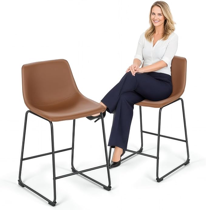 Athena Collection 23'' Counter Height Bar Stools Bar Chairs Set of 2 Modern PU Leather Bucket Chairs with Back Soft Foam Filled Metal Frame Bar Stools with Footrest for Pub, Bistro, Kitchen, Brown