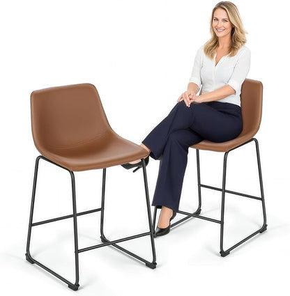 Athena Collection 23'' Counter Height Bar Stools Bar Chairs Set of 2 Modern PU Leather Bucket Chairs with Back Soft Foam Filled Metal Frame Bar Stools with Footrest for Pub, Bistro, Kitchen, Brown