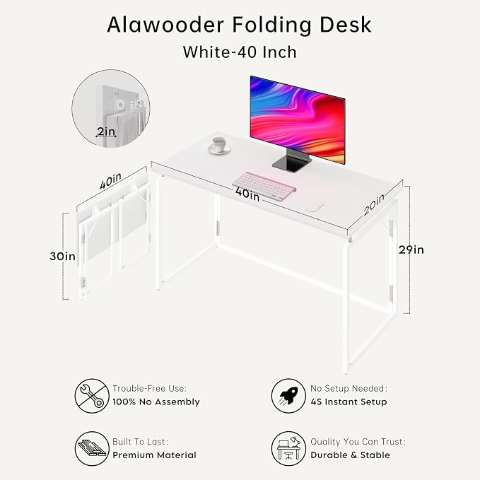 alawooder 39.4" Folding Desk: No Assembly, Wood Top for Small Spaces | 39.4 in dual-monitor workspace, holds 150 lbs, folds flat to 2.3 in, splash-proof top, home office or gaming