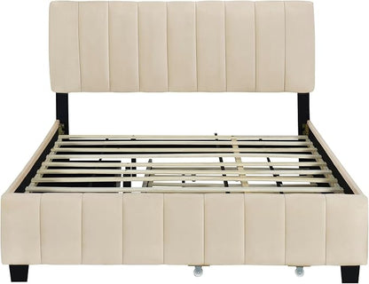 Ball & Cast Queen Size Bed Frame with 2 Drawers and 1 Twin XL Trundle,Velvet Upholstered Platform Bed with Channel Tufted Headboard,Wood Slats Support,No Box Spring Needed,Beige