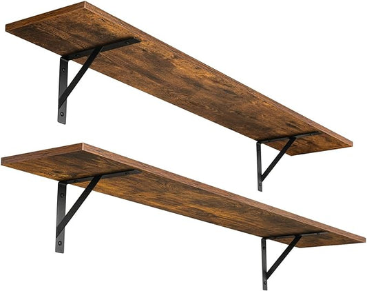 DINZI LVJ Long Wall Shelves, 47.3Inch Floating Shelves Set of 2, Extra Large Wall Storage Ledges with Sturdy Metal Brackets for Living Room, Bathroom, Bedroom, Kitchen, Rustic Brown