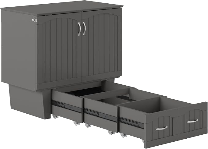 AFI, Nantucket Twin Murphy Bed Chest with Mattress, Storage Drawer and Built-In USB Charger, Grey