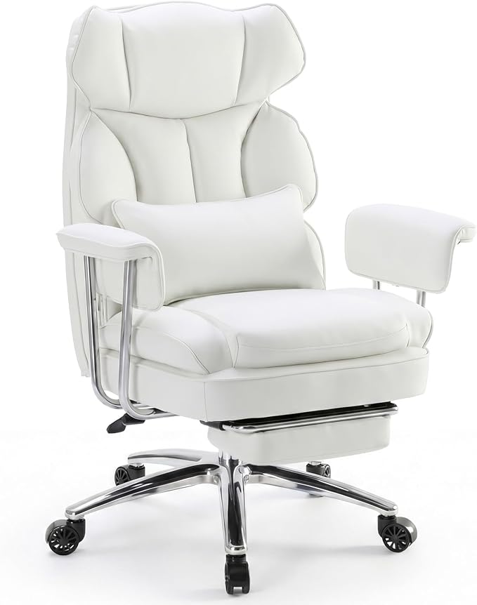 Sweetcrispy Executive Home Office Desk Chair - Ergonomic Big Tall High Back with Footrest & Lumbar Support, Reclining Height Adjustable, Comfy PU Leather Computer Gaming with Swivel Wheels, White