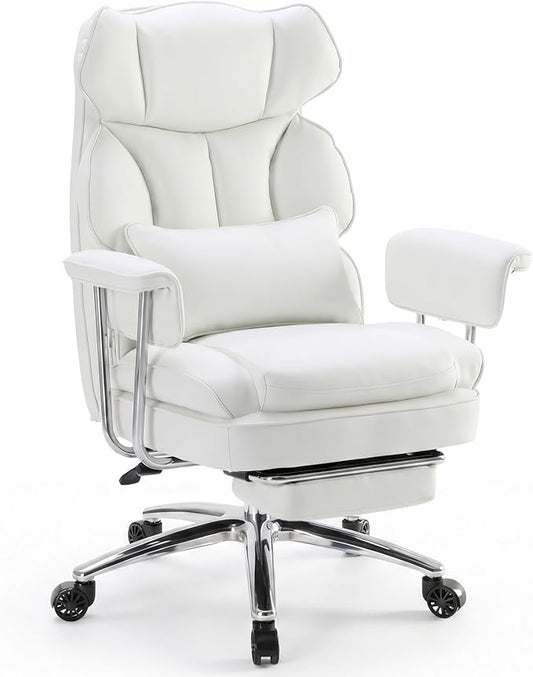 Sweetcrispy Executive Home Office Desk Chair - Ergonomic Big Tall High Back with Footrest & Lumbar Support, Reclining Height Adjustable, Comfy PU Leather Computer Gaming with Swivel Wheels, White
