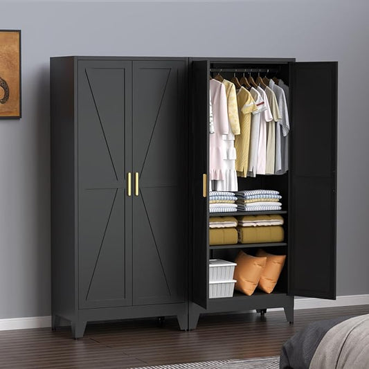 71" Heavy Duty Steel Armoire Wardrobe Closet, Black Metal Clothing Storage Cabinet with 2 Magnetic Doors & Adjustable Shelves, Waterproof Hanging Rod Cabinet