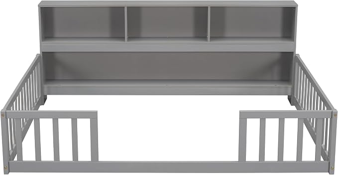 Bellemave Kids Montessori Floor Bed,Full Size Floor Bed with Bookcase and Shelves,Full Bed Frame with Guardrails for Kids,Girls,Boys,Full,Gray
