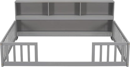 Bellemave Kids Montessori Floor Bed,Full Size Floor Bed with Bookcase and Shelves,Full Bed Frame with Guardrails for Kids,Girls,Boys,Full,Gray