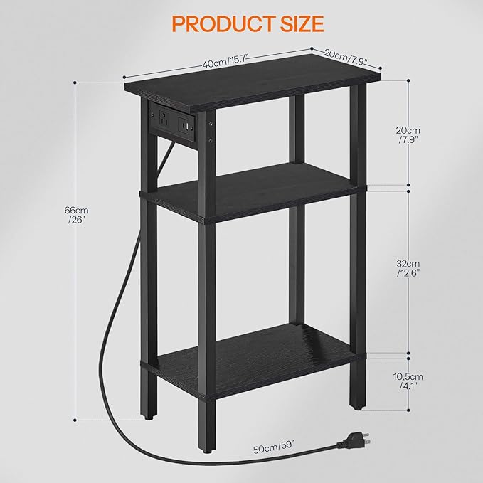 HOOBRO Narrow Side Table, 3-Tier Slim End Table with Charging Station, Skinny Nightstand with Open Storage, for Small Spaces, Living Room, Bedroom, Study, Rustic Brown and Black BB340UBZ01