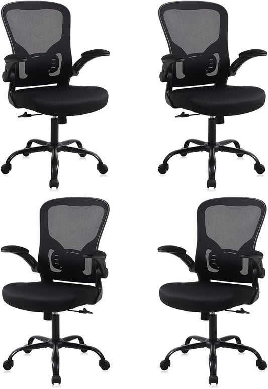 Flysky Mesh Office Chair, Ergonomic Computer Desk Chairs for Home Office - with Comfy/Comfortable Flip-up Arm Rests, Lumbar Support, Height Adjustable, 360 Degree Rolling Swivel (Black, 4 Pack)