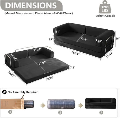 WHGBJA 79" Convertible Sleeper Sofa Bed with Cylindrical Pillow, Corduroy Folding Mattress Couch with Fixed-Shape Frame, Floor Sofa Lounge Couch for Living Room Bedroom Lounge Studio (Black)