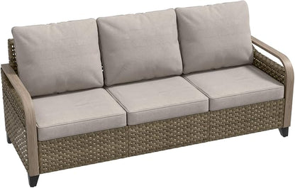 Modern Wicker Patio Sofa, Rattan Outdoor Couch for Small Balcony, 3 Seat Couch Furniture Set for Garden Deck Backyard, Brown/Gray