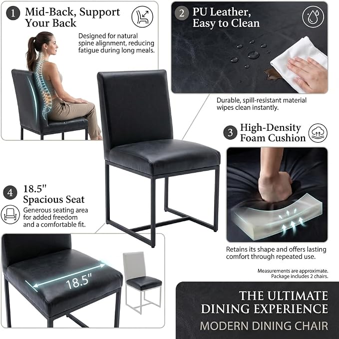 CIMOTA Black Leather Dining Chairs Set of 2, Upholstered Dining Room Chairs Armless Guest Side Chair with Black Base for Dining Room/Kitchen, 2PCS