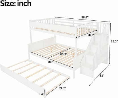 Modern Bunk Bed Full XL Over Queen Size with Storage Shelves and Staircase, Solid Wood Bunk Bed Frame with Trundle and LED Light for Kids Teens Adults (White-3.9)