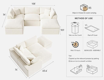 Cloud Sectional Couches for Living Room | 108 Inch U-Shaped Boneless Couch with Ottoman | Ivory White Modular Sectionals Sofa Couch
