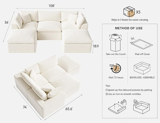 Cloud Sectional Couches for Living Room | 108 Inch U-Shaped Boneless Couch with Ottoman | Ivory White Modular Sectionals Sofa Couch