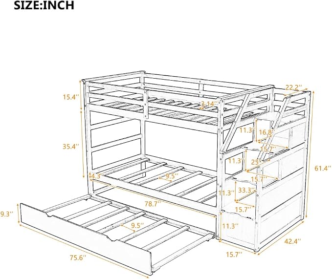 MERITLINE Twin Over Twin Bunk Beds with Trundle and Storage Box, Solid Wood Bunk Bed with Stairs and Storage Case for Teens Adults (Gray + Solid Wood)