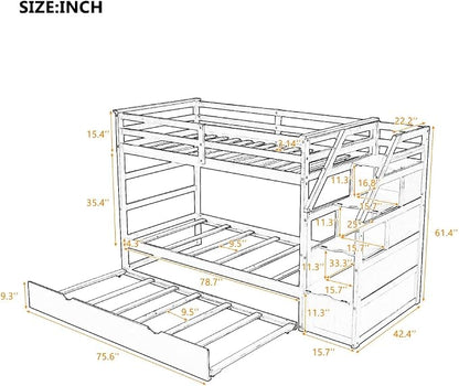MERITLINE Twin Over Twin Bunk Beds with Trundle and Storage Box, Solid Wood Bunk Bed with Stairs and Storage Case for Teens Adults (Walnut + Solid Wood)