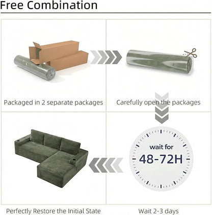 104" L Shaped Boneless Sectional Couches for Living Room, Comfy Corduroy Floor Cloud Sofa with Chaise and Cup Holder, Wide Armrest, Deep Seat, Assembly Free, Ideal for Small Spaces, Green