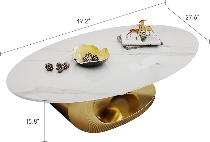 Modern Oval Stone Coffee Table with Gold Metal Base - Scratch-Resistant Rock Slab Top, Aviation-Grade Design - Stylish & Durable Centerpiece for Living Rooms (49.2"x27.6"x15.8").