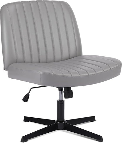 OLIXIS Criss Cross Legged Chairs Armless No Wheels Wide Seat Height Adjustable Swivel Padded PU Leather Home Office Desk Chair for Bedroom, Student, Study Room,Grey