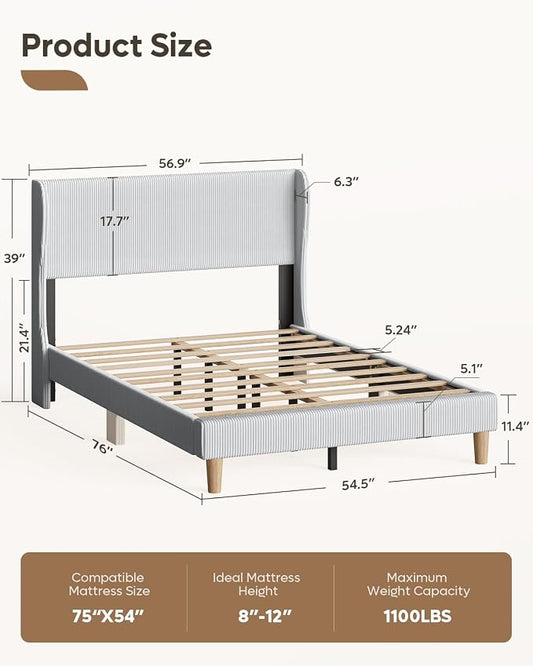 Bestier Full Bed Frame with Wingback Headboard,Upholstered,Light Grey | Vertical Channel Corduroy Upholstered,Easy Assembly,Wingback Headboard,No Squeaks,Wooden Slats Support,No Box Spring Needed
