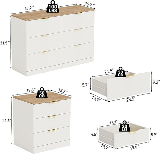 3 Pieces of Dresser and Nightstand Set,47.2" Width 6-Drawer Dresser & 3-Drawer Nightstands Set of 2 w/Gold Metal Handle, Modern Design for Bedroom,White & Brown