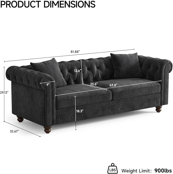 ONBRILL 82 Inch Chesterfield Sofa, 23 Inch Deep Seat Velvet Couch for Living Room, Button Tufted Couch with Rolled Arms, 2 Throw Pillows, Comfy Vintage Loveseat Sofa for Apartment, Black