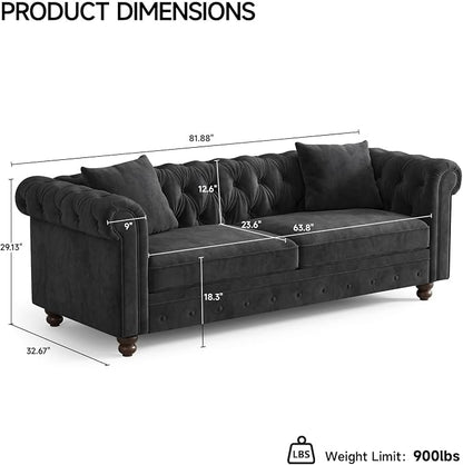 ONBRILL 82 Inch Chesterfield Sofa, 23 Inch Deep Seat Velvet Couch for Living Room, Button Tufted Couch with Rolled Arms, 2 Throw Pillows, Comfy Vintage Loveseat Sofa for Apartment, Black