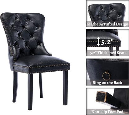 EALSON Modern Black Dining Chairs Set of 6 Mid Century Leather Dining Room Chairs with Wood Legs Tufted Upholstered Kitchen Side Chairs with Nail Head Trim for Dining Room/Living Room, Back with Ring