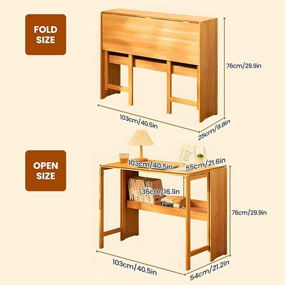 Bamboo Foldable Desk, 41" Folding Bamboo Desk for Small Spaces, Mid Century Small Computer Desks with Bookshelf, Wooden Desks for Home Bedroom Study Office, Primary Color