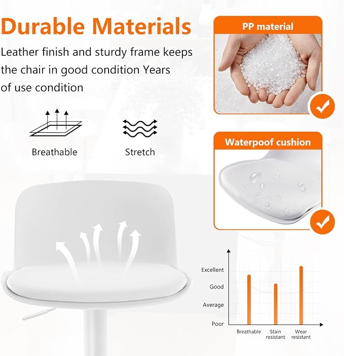 Kidol & Shellder Bar Stools Set of 4 Adjustable Swivel Counter Height Stools, Modern PU Leather Upholstered with Back Solid Color Barstools for Kitchen Island White