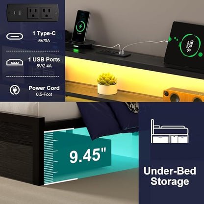 Queen Bed Frames with Storage Drawer, Platform Bed with Charging Station and LED Lights, Upholstered Headboard with 2-Tier Storage Shelves, No Box Spring Needed