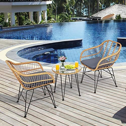 Tangkula 3 Pieces Patio Bistro Set, Rattan Conversation Set with 2 Cushioned Armchairs & Round Glass Coffee Table, Indoor Outdoor Wicker Furniture Set for Balcony, Backyard, Garden, Poolside