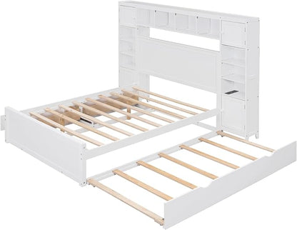 Merax Full Size Wooden Bed with All-in-One Cabinet, White Platform Bed Frame with 2 Drawers, Trundle and Sockets