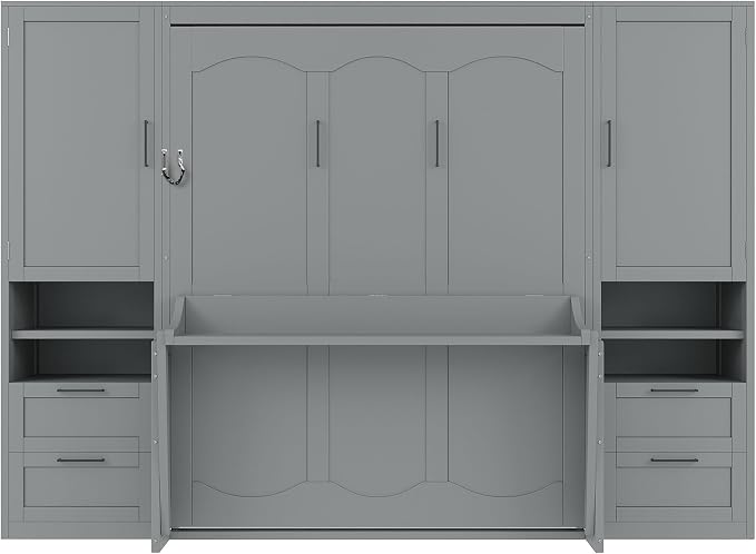Merax Queen Size Murphy Bed with Desk, Multifunctional Foldable Wall Bed with Closet, Drawers and Shelves, Space-Saving Wood Platform Bed Frame for Small Spaces Studio Study Office Guest Room, Gray
