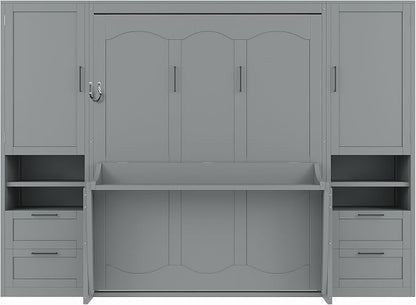 Merax Queen Size Murphy Bed with Desk, Multifunctional Foldable Wall Bed with Closet, Drawers and Shelves, Space-Saving Wood Platform Bed Frame for Small Spaces Studio Study Office Guest Room, Gray