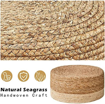 Cpintltr Foot Stool Natural Seagrass Hand Weave Poufs Round Ottoman for Couch Desk Soft Step Stool Padded Foot Rest with Non-Skid Pine Legs for Hallway Office Lounge Natural/White