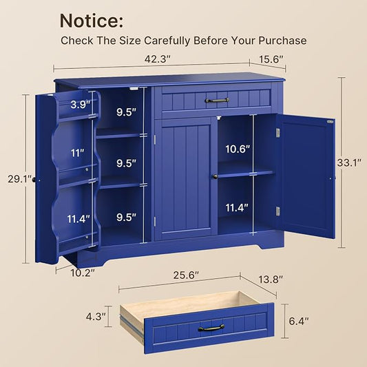 Gizoon Kitchen Sideboard Buffet Cabinet with Storage Small Coffee Bar Cabinet with Drawer, Kitchen Pantry Storage Cabinet with Door and Shelves for Bathroom and Living Room, Painted Navy Blue