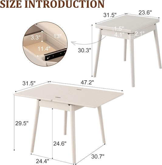 Solid Wood Small Dining Table for 2-6, 23.6"L-47.2"L Expandable Kitchen Table, Designed for Small Spaces, Easy Assembly, Suitable for Kitchen, Dining Room, Living Room, Apartment (White)
